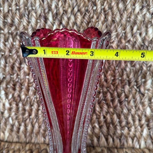 Vintage Cranberry Flash Triangle Footed Button Zipper Glass Vase 8.75” - Picture 4 of 17
